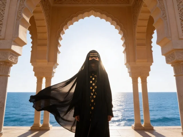 Emirati Woman in Traditional Dress by the Sea