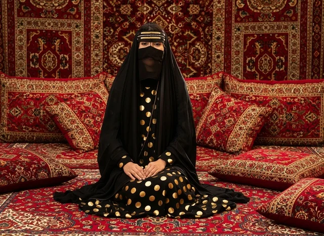 Emirati Woman in Traditional Burqa Sitting in Majlis