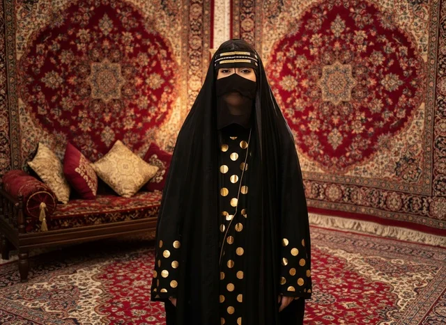 امرأة إماراتية في مجلس تراثي ترتدي البرقع