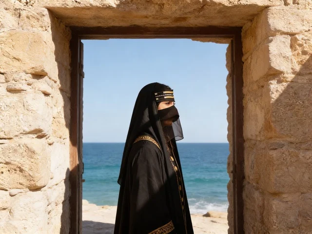 Emirati Woman in Traditional Dress at Coastal Heritage Site