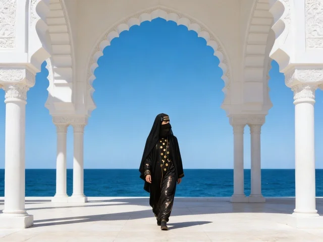 Emirati Woman in Traditional Dress by White Arches