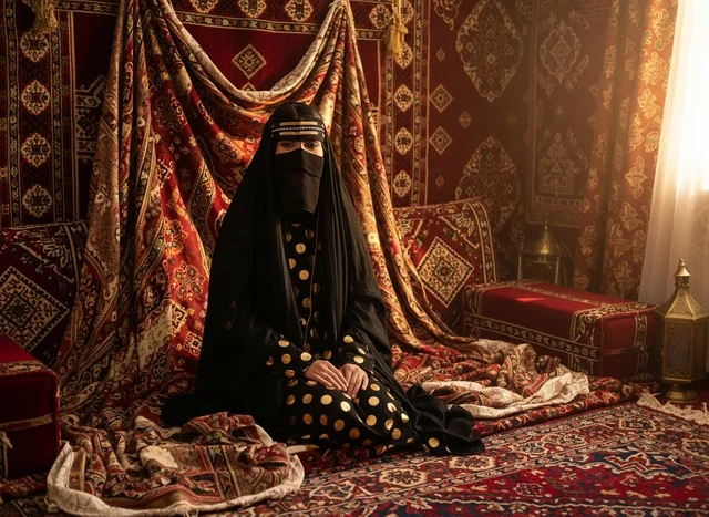 امرأة سعودية في مجلس تقليدي ترتدي النقاب والعباءة
