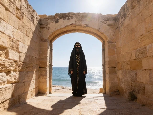 Emirati Woman in Abaya and Burqa at Ancient Coastal Ruins