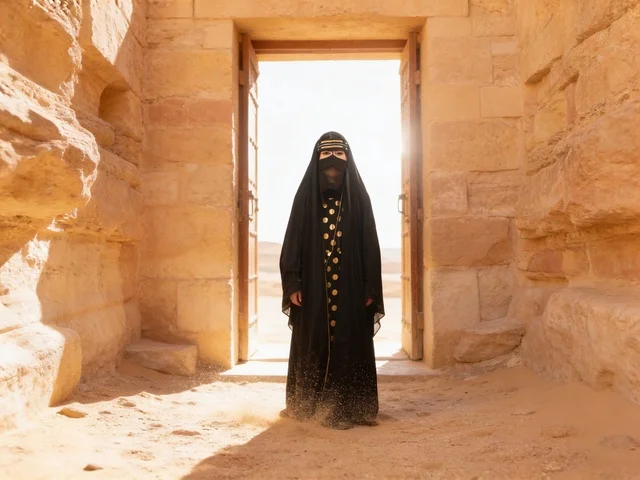 امرأة إماراتية بالبرقع التقليدي عند بوابة حجرية
