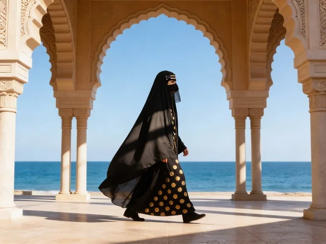 امرأة إماراتية بالعباءة التقليدية تحت الأقواس البحرية