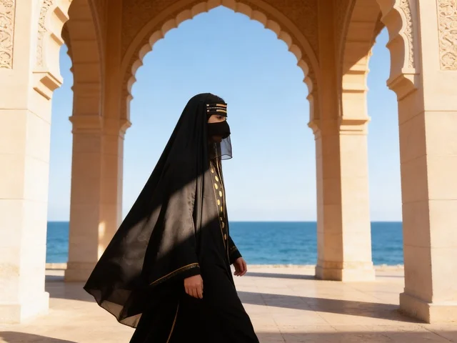 سيدة إماراتية بالزي التقليدي والبرقع أمام البحر سيدة إماراتية بالزي التقليدي والبرقع أمام البحر
