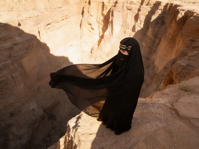 Saudi Woman in Traditional Abaya at Desert Canyon