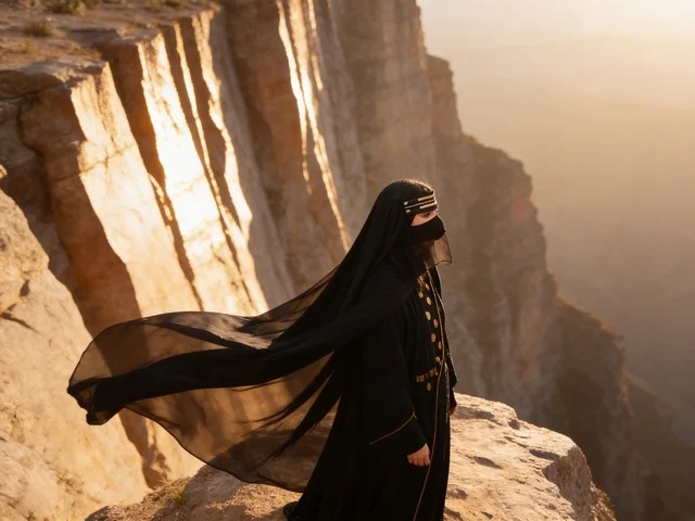 Saudi Woman in Traditional Abaya on Cliff at Sunset