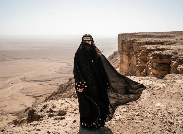 امرأة سعودية باللباس التقليدي فوق جرف صحراوي