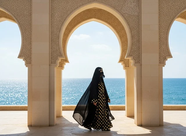 Emirati Woman in Abaya by the Sea Arches