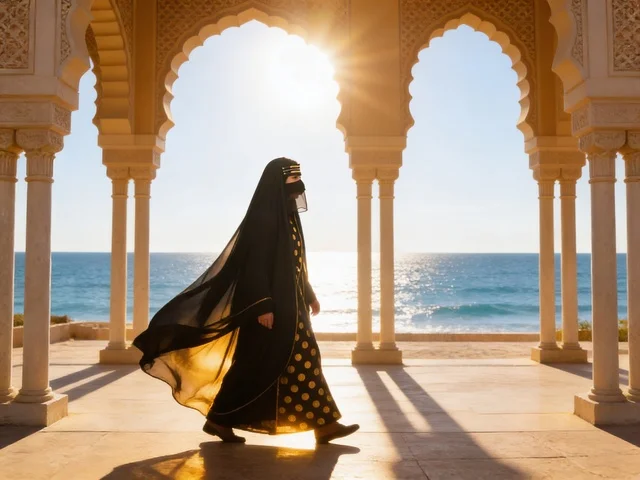 امرأة إماراتية تسير على البحر بالعباءة التقليدية