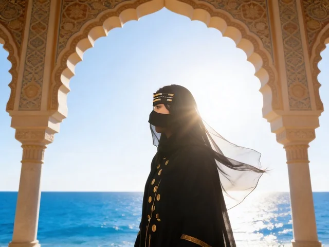 Emirati Woman in Traditional Abaya Under Islamic Arch