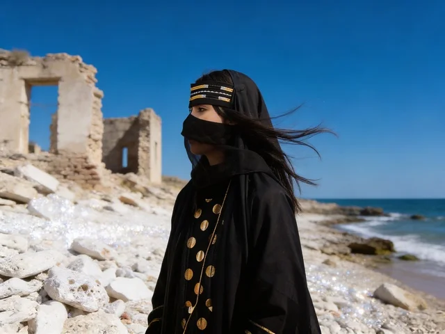 Emirati Woman in Traditional Abaya at Rocky Coastal Ruins