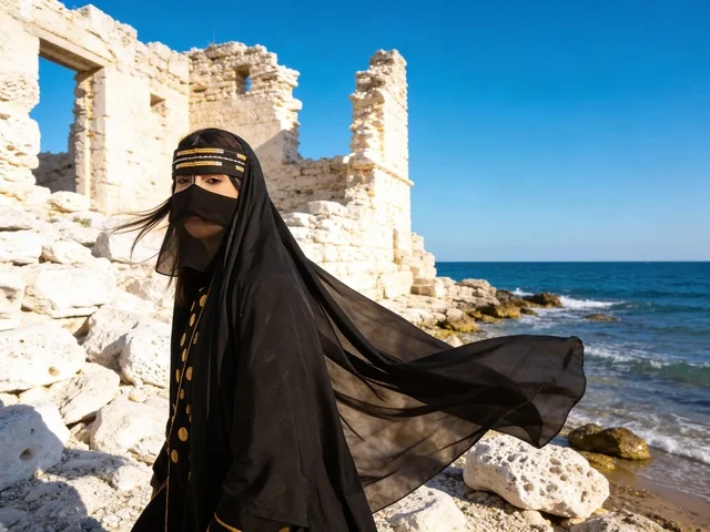 Saudi Woman in Abaya Standing by Ancient Coastal Ruins