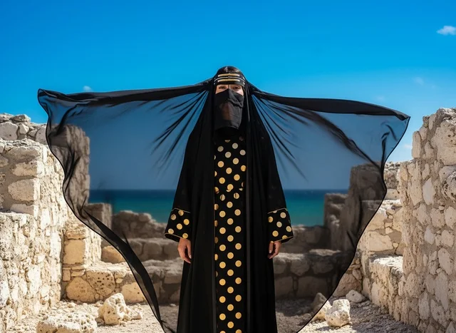 امرأة إماراتية بزي تقليدي وسط أطلال أثرية على البحر