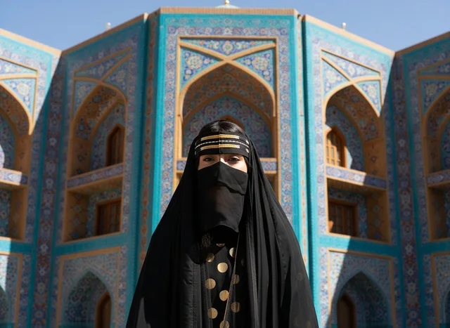 Omani Woman in Traditional Batoola and Islamic Architecture