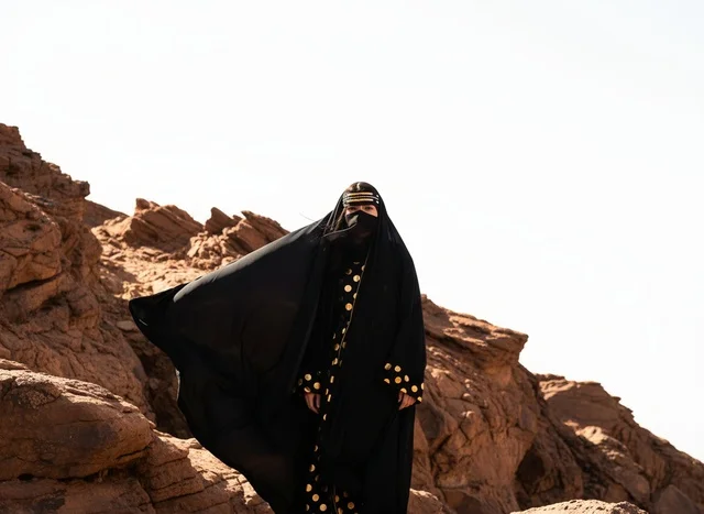 امرأة إماراتية بالعباءة التقليدية في الجبال الصحراوية