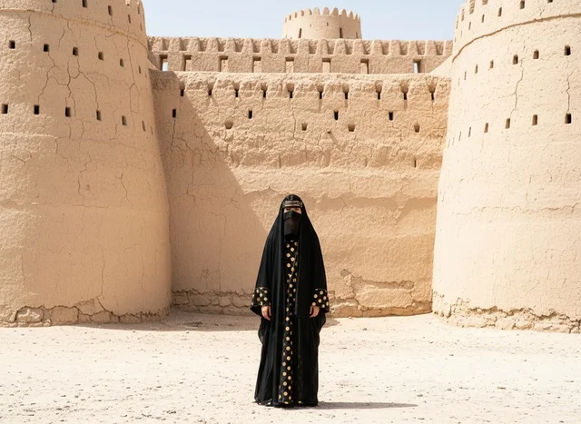 Emirati Woman in Traditional Dress at Historical Fort