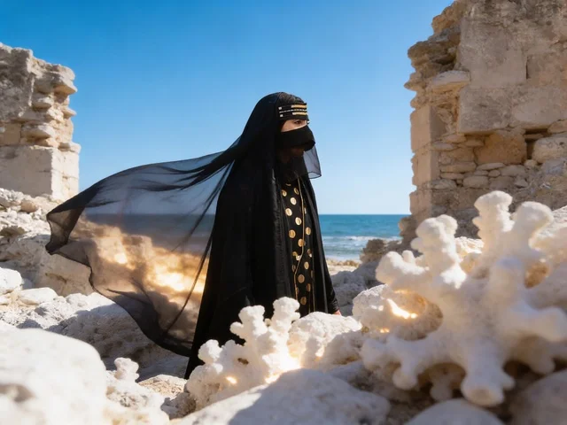 امرأة إماراتية بالعباءة التقليدية وسط أطلال ساحلية