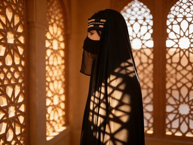 امرأة إماراتية بالنقاب التقليدي مع أنماط الظل