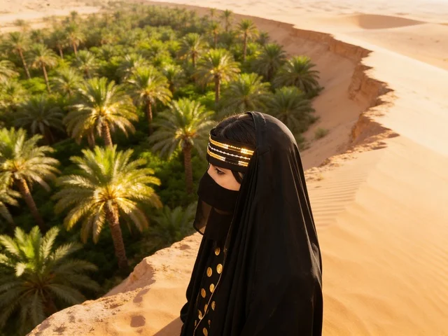 Saudi Woman in Niqab Overlooking Desert Oasis