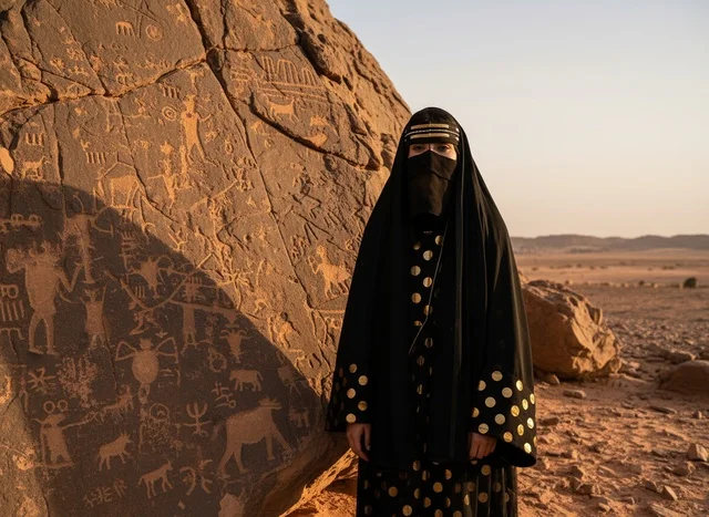 Saudi Woman at Ancient Desert Petroglyphs Site
