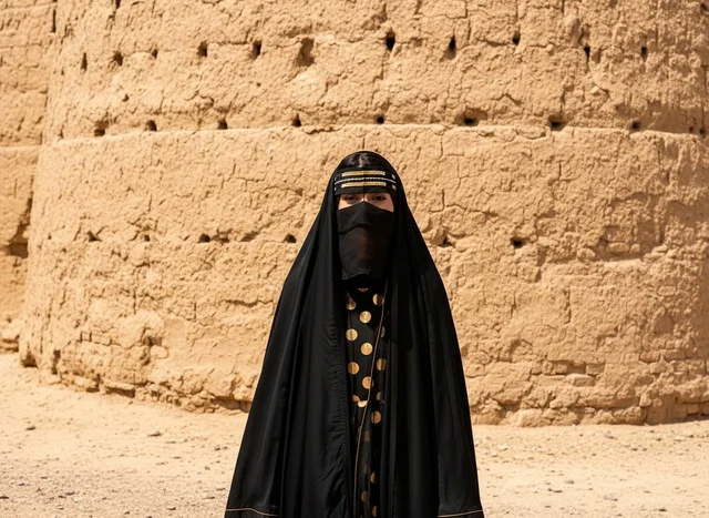 امرأة سعودية بالزي التقليدي أمام جدار تراثي
