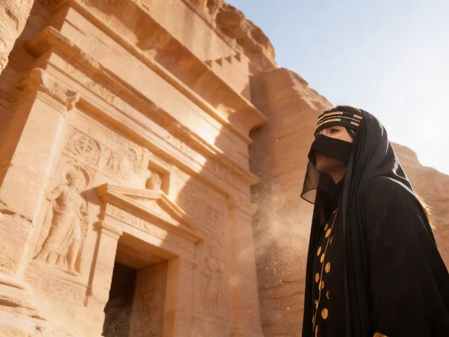 امرأة سعودية في موقع الحجر التراثي بالعلا