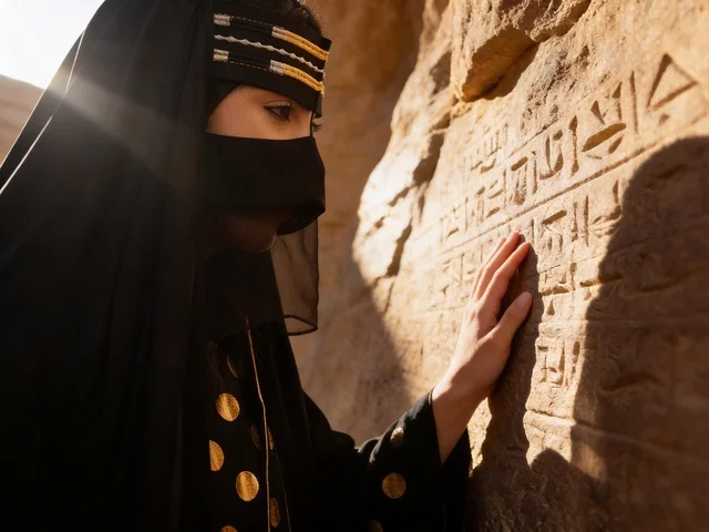 Saudi Woman Examining Ancient Rock Inscriptions Heritage