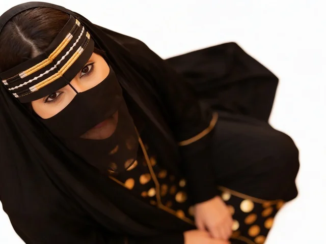 امرأة إماراتية ترتدي العباءة السوداء والبرقع التقليدي