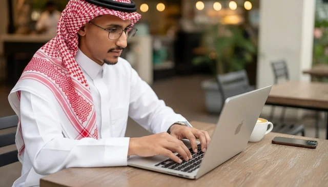 Saudi Man Working on Laptop at Outdoor Cafe Table