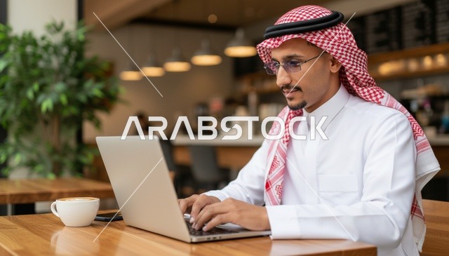 رجل سعودي يعمل على حاسوب محمول في مقهى