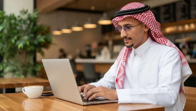 رجل سعودي يعمل على حاسوب محمول في مقهى