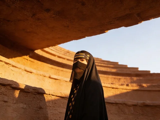 Saudi Woman in Traditional Niqab at Desert Historical Site