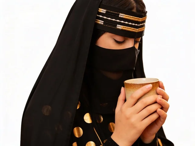 Emirati Woman in Traditional Khaleeji Clothing Holding Cup