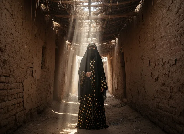 Saudi Woman in Traditional Abaya in Old Mud Alleyway