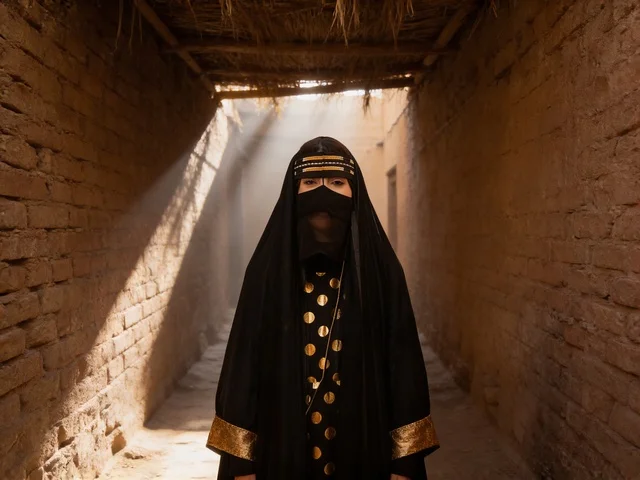 Emirati Woman in Traditional Dress in Heritage Alleyway