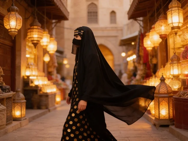 امرأة إماراتية بالعباءة والبرقع التقليدي في السوق