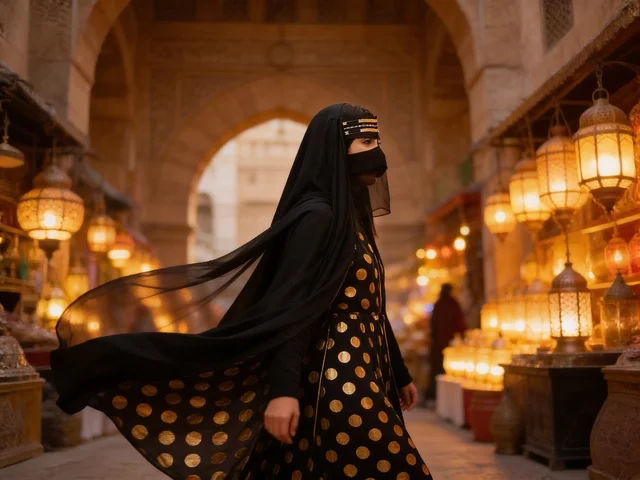 Emirati Woman in Traditional Burqa at Arabic Market