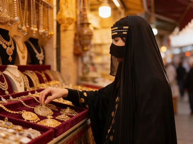 امرأة سعودية تتسوق المجوهرات الذهبية في سوق شعبي امرأة سعودية تتسوق المجوهرات الذهبية في سوق شعبي