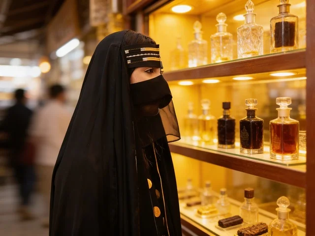 Emirati Woman in Niqab Browsing Perfume Shop in Souq