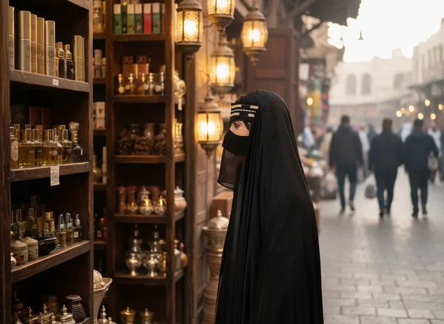 امرأة إماراتية بالنقاب في سوق عطور تقليدي