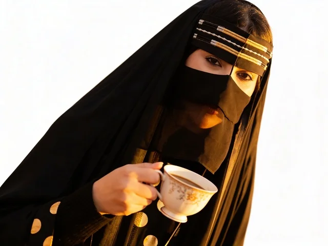 Saudi Woman in Niqab Drinking Arabic Coffee