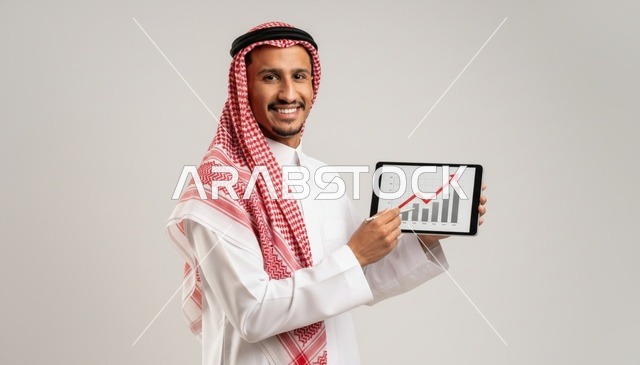 رجل سعودي يحمل جهاز لوحي مع رسم بياني للنمو
