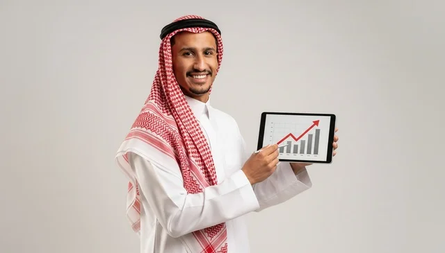 رجل سعودي يحمل جهاز لوحي مع رسم بياني للنمو