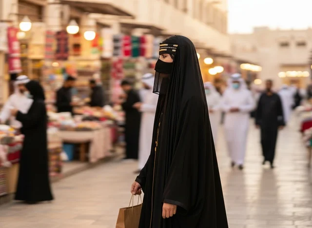 امرأة قطرية بالعباءة التقليدية في سوق واقف