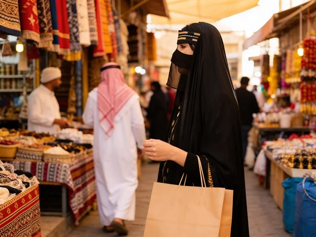 Saudi Woman in Abaya Shopping at Traditional Arab Souq