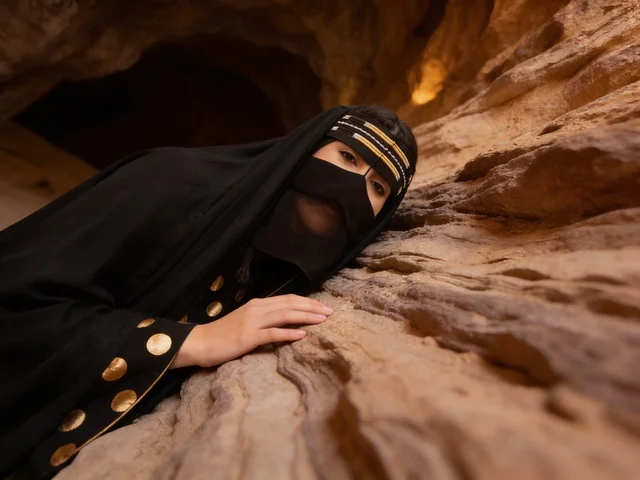 Saudi Woman in Traditional Niqab in Desert Cave