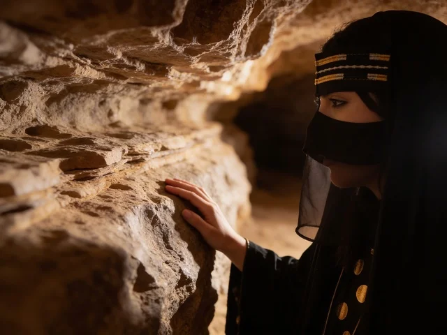 امرأة سعودية بالنقاب التقليدي تلمس جدار كهف صخري