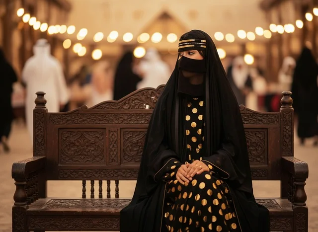 Saudi Woman in Traditional Niqab on Wooden Bench